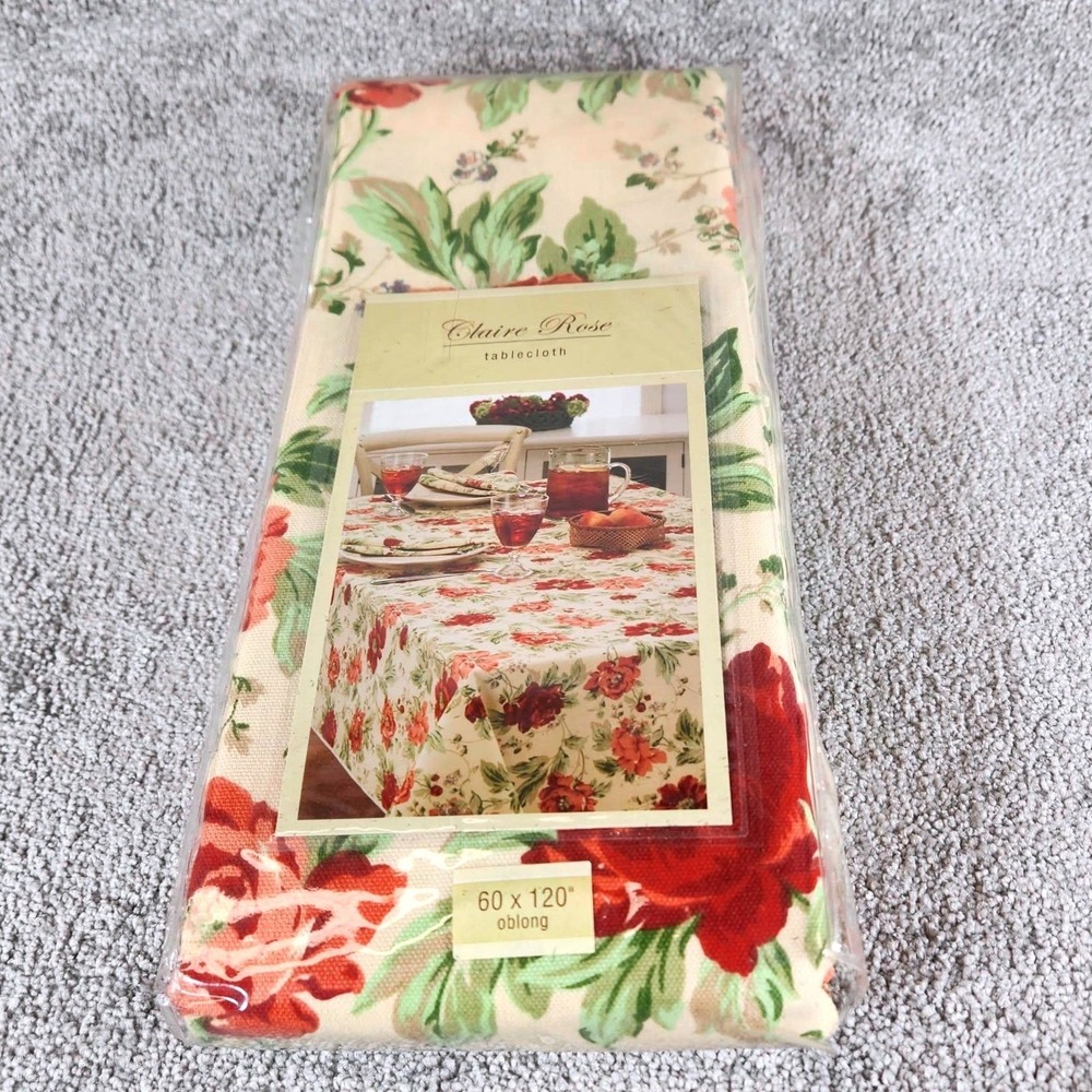 Claire Rose Tablecloth Red Floral‎ Oblong 60x120 - Rose Print Cotton 10-12 Seats